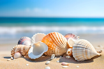 Fototapeta na wymiar Seashells on Sandy Beach under Blue Sky