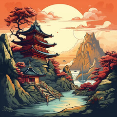Artistic Cartoon Style Ancient Chinese City