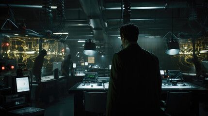 In this image, the corporate spy infiltrates a topsecret research facility, stealthily disabling security drones and bypassing tingedge biometric scanners to gain access to coveted scientific