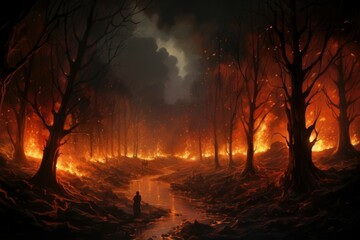 Burning forest. Night nature flame. Generate Ai