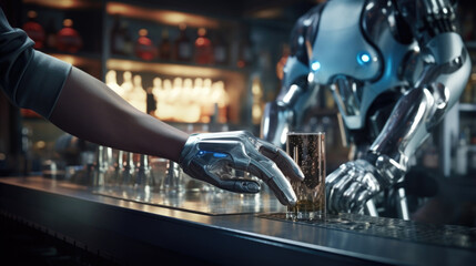 A durasteel cyberarm, adorned with sleek augmentations, effortlessly juggles bottles and spills not a single drop as the bartender showcases their dexterity and control.