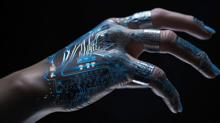 A closeup of the merchants hand, revealing a cybernetic palm with a hidden compartment holding microchips, biohacking code, and encrypted data drives.