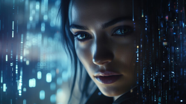 A Technomancer hovers in front of an enormous floating holographic screen, their eyes reflecting the cascading lights as they rewrite the source code of a corrupted computer virus, purging