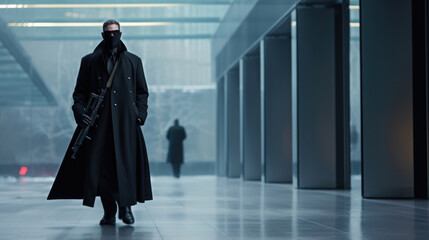 Fototapeta premium Standing beside a towering corporate skyser, the guards black trench coat flows dramatically in the wind, concealing various concealed weapons and tools of the trade.