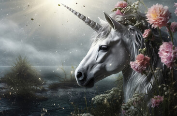 White unicorn in stormy weather near a lake with flowers ai generated