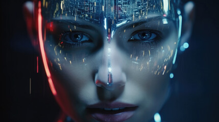 The cyborg infiltrates a secret meeting, disguised as a holographic projection of a highranking criminal, their robotic enhancements hidden beneath the flawless illusion.