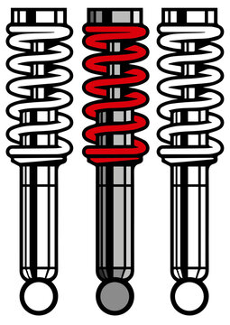 Vector illustration of three coilover shock absorbers with red and white springs, representing adjustable automotive suspension components. Ideal for car mechanical and engineering designs.