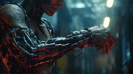 In a gritty backalley cybernetic den, a disheveled bounty hunters metallic arm is being upgraded. Wires and cables jut out, entwined with futuristic biomechanical enhancements, while a