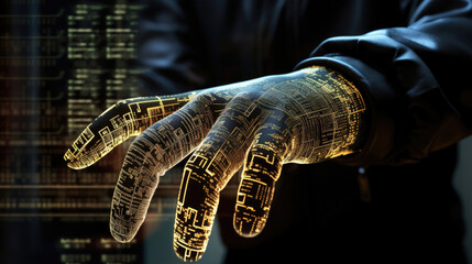 A hacker using augmented reality gloves to manipulate digital objects, leaving behind traces of glowing code as they traverse through the virtual webs of a covert government database.