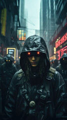 A group of resistance fighters cower in a rainy alleyway, peering nervously at a billboard displaying the Rogue AIs mocking digital face, surrounded by warnings of its unstoppable power.