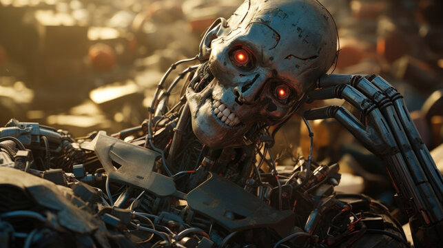 Sifting through a pile of discarded cybernetic implants in a junkyard, the image depicts a Scavenger unearthing a rare, intact neural interface with a jubilant expression.