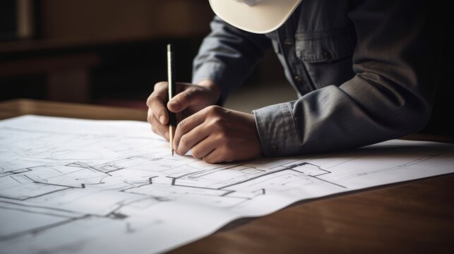 Architector or engineer drawing up blueprints for a residential construction project. Created with Generative AI technology.