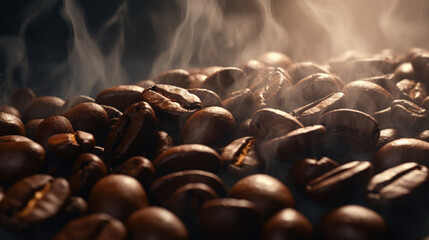 A pile of roasted coffee beans with steam rising from them. Generative AI.