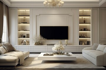 Cabinet tv living room. Wood audio floor. Generate Ai