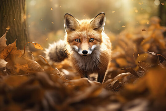 zorro marr&oacute;n y blanco corriendo por campo oto&ntilde;al recubierto de hojas ca&iacute;das, con fondo de &aacute;rboles desenfocados