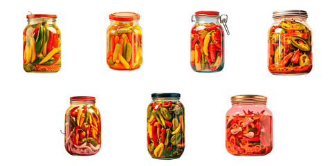 Png Set Spicy chili peppers preserved in a jar on a transparent background