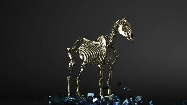 Transparent crystal fantasy horse with visible skeleton, glass fracture, breaking, 3d rendering, 3d illustration