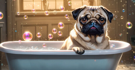 Cute pug dog in bathtub with soap bubbles and reflection