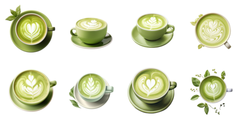 Png Set Latte art with matcha on a transparent background