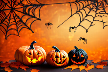 Naklejka na ściany i meble Halloween type background with 3 pumpkins and a dark and spooky scene