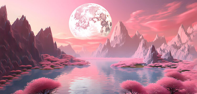 Beautiful fairytale pink landscape. Big moon on the background of a fabulous mountain. Generated AI. Edited in Photoshop