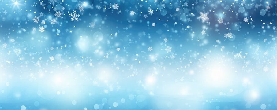 Winter card with blue sky and falling snow, crystallic snowflake. Magical heavy snow flakes backdrop. Sky snowfall banner. Holiday winter background for Christmas and New Year