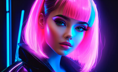 Fototapeta premium girl with pink hair on a black background.