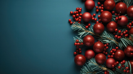 Top View Christmas Background, Minimalist, Copy space, Festive Celebration Decoration. Generative AI