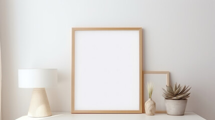 Empty Frame Mockup, Blank Canvas Poster Template Standing on Desk, Cozy Interior. Generative AI