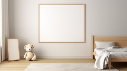 Empty Frame Mockup, Blank Canvas Poster Template in Children Room, Kid Bedroom, Nursery Interior. Generative AI