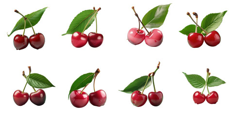 Png Set Two isolated cherries with a green leaf transparent background
