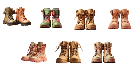 Png Set Two coyote hued army boots beside each other on a transparent background secluded