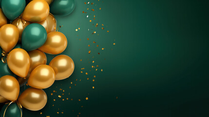 Golden and Green Balloons with Green Background, Celebration, Festive, Birthday Party, Copy Space. Generative AI