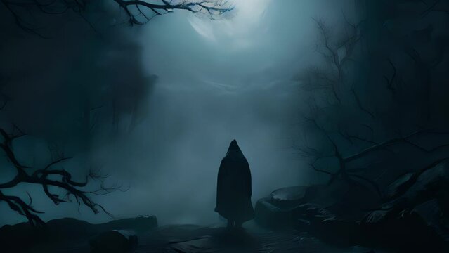A shadowy figure peers out from the fog its ancient features ly visible in the moonlight surrounding it..