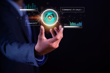 AI Tech businessman showing virtual graph and big data On the internet, the world is connected to AI, artificial intelligence. Using commands to create data future technology changes