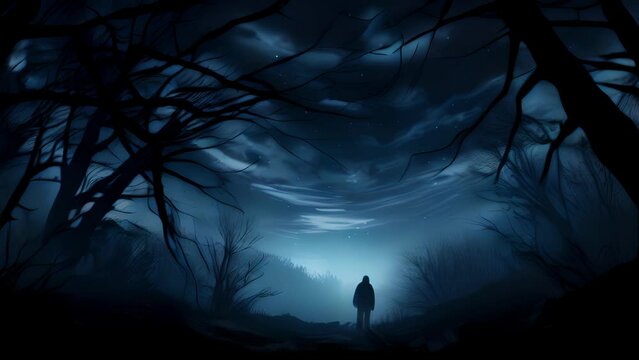 Dark silhouettes of trees in the night sky the distant howling of a ghostly wind and a mysterious figure in the shadows..