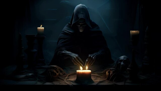 An unsettling image of a necromancer summoning dark forces..