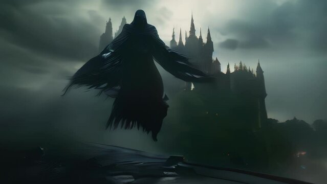 A menacing wraith hovering over an ancient castle.