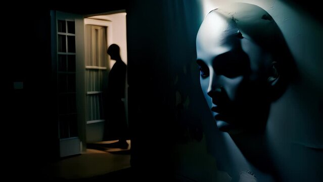 A phantom face appearing in the darkening twilight casting cryptic shadows onto the walls..