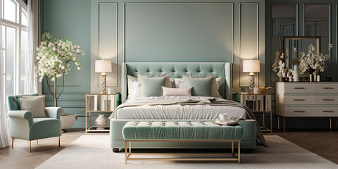 French country style style interior design of modern bedroom with mint color wall.