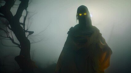 An insubstantial spirit skulks through a thick fog its baleful yellow eyes glowing..