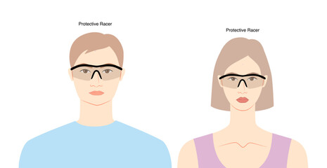 Protective Racer frame glasses on women and men flat character fashion accessory illustration. Sunglass front view unisex silhouette style, spectacles eyeglasses, lens sketch style outline isolated