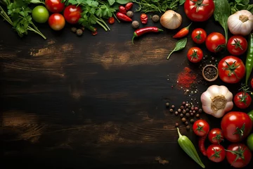 Tuinposter Ingredients for making tomato salsa on dark wooden background. Traditional mexican sauce. Tomato, basil, spices, chili pepper, onion, garlic. Vegan diet food concept. Top view with copy space © ratatosk