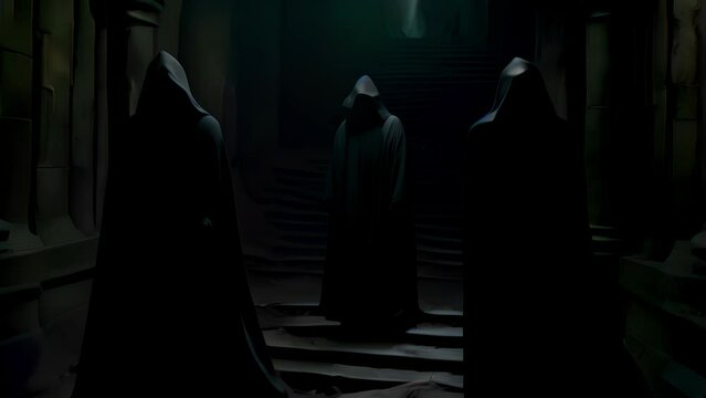 A castle entrance cloaked in ominous shadows flanked by two eerie hooded figures..