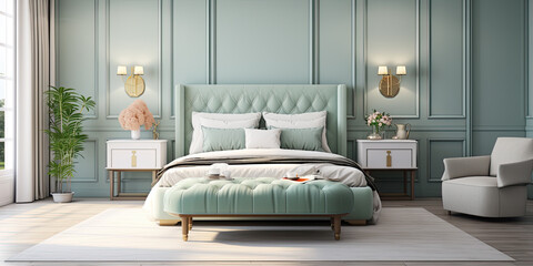 French country style style interior design of modern bedroom with mint color wall. - obrazy, fototapety, plakaty