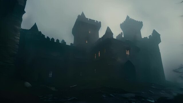 A decrepit abandoned castle shrouded in a dense fogfilled sky emitting an ominous atmosphere and surrounded by a sinister aura..