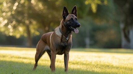 playful belgian malinois on a lawn, grass field
