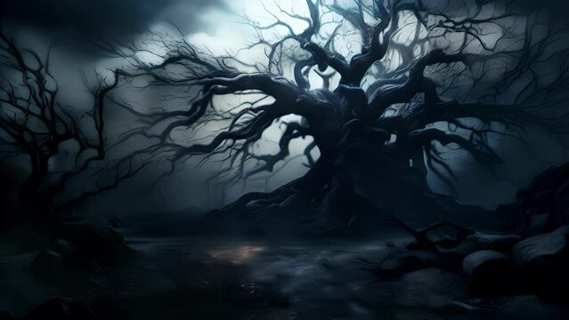A withered tree with gnarled branches twists darkly against a blackened night sky a bonewhite fog carpeting the twisted roots..