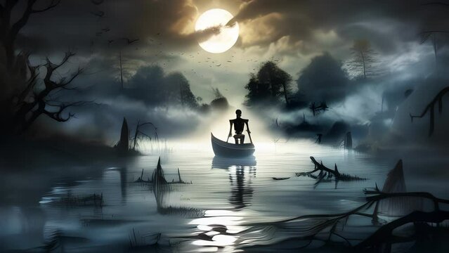 A terrifying skeleton rising from a cursed moonlit lake shrouded in an eerie mist.