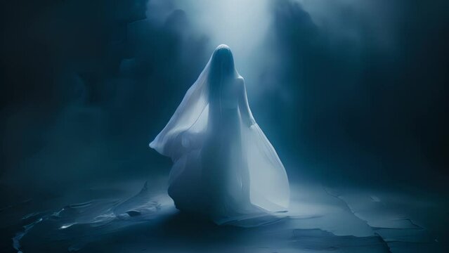 A ghostly apparition of a woman shrouded in a cloudy ectoplasmic mist hovering in the moonlight..
